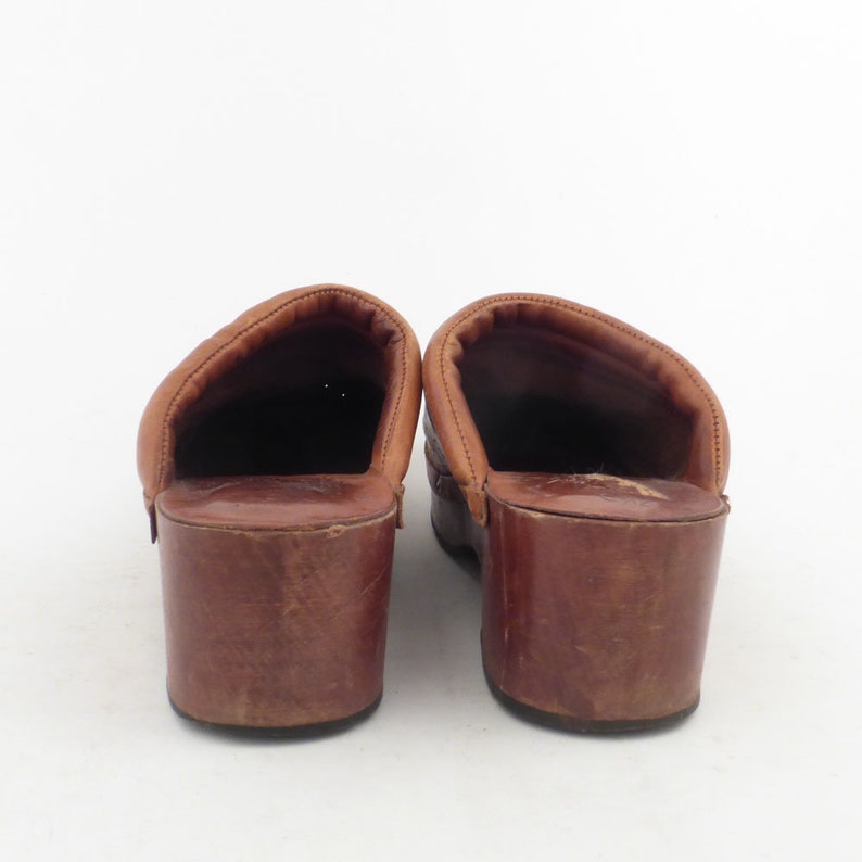 Leather Wooden Clogs Vintage 1970s Wild Pair Wood Platform Whiskey Brown men's size 7 1/2 image 4