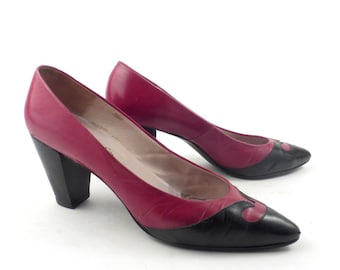 Van Eli Heels Shoes Vintage 1980s Red and Black Leather Women's size 7 1/2 N