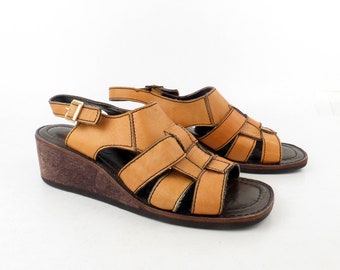 Wedge Platform Sandals Vintage 1970s Cork Arpeggios Brown Leather Women's size 8 1/2 N