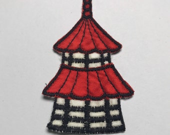 Pagoda Embroidered Patch Vintage 1970s Sew on Patch Satin Emblem