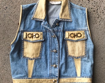 Jean Denim vest Vintage 1990s Cotton Blue St Maarten Leather Gold Hardware Small