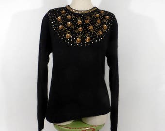 Gem Sequin Sweater Vintage 1980s Knit Black Gold Beaded Size L