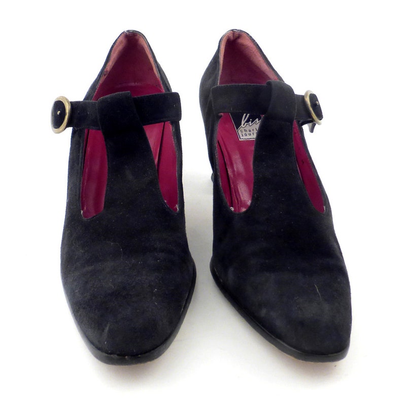 Shoe Booties Black Vintage 1980s Charles Jourdan Black Suede Leather Heeled Booties Mary Janes Shoes size 8 12