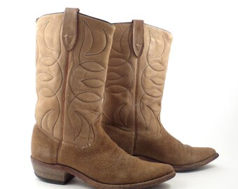 Brown Cowboy Boots Vintage 1960s Texas Brand Rough Out Suede and Leather Men's Size 6 1/2 D