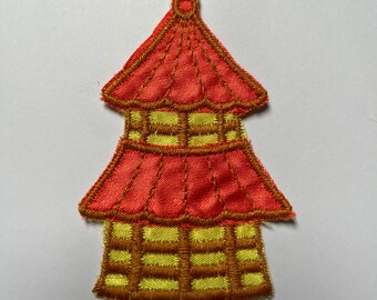 Pagoda Embroidered Patch Vintage 1970s Sew on Patch Satin Emblem