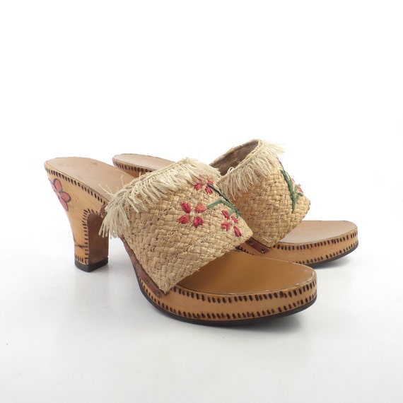 Wood Sandals Straw Vintage 1960s Woven High Heel W