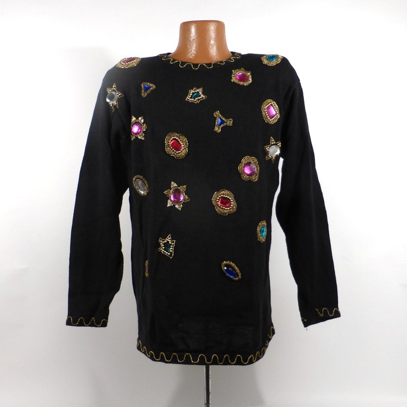 Flashy Beaded Sweater Vintage 1980s Knit Oversize Black Gem Ugly Christmas Holiday Tacky Women/'s size M