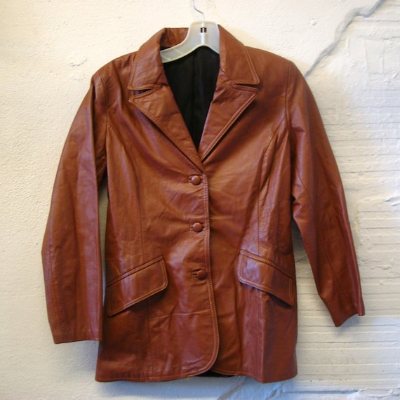 Leather Jacket Coat Vintage 1970s Rust Brown Blaz