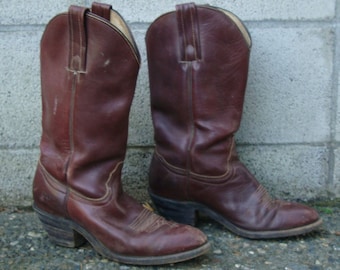 Frye Cowboy Boots Distressed Vintage 1980s Rich Deep Burgundy Brown Men's size 8 1/2