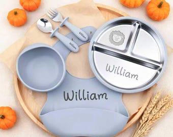 Targa in acciaio inossidabile personalizzata con nome, bavaglino in silicone inciso, set per bambini con piatto diviso personalizzato, set per lo svezzamento del bambino, regalo per baby shower