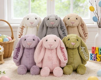 Coniglietto di peluche personalizzato, Coniglietto di Pasqua con nome ricamato, Morbido peluche a forma di coniglietto, Regalo per damigella d'onore
