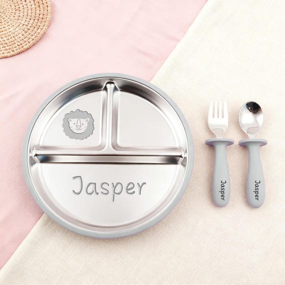 Benutzerdefinierte Edelstahl-Teller-Set mit Namen, personalisierte Gabel & Löffel, kundenspezifischer geteilter Teller-Kleinkind-Set, Entwöhnungsset für Baby, Babyparty-Geschenk