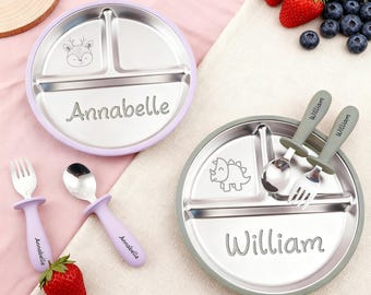 Personalisierte Edelstahlplatte mit Namen, Benutzerdefinierte Gabel- und Löffelset, kundenspezifisches geteiltes Teller-Kleinkind-Set, Entwöhnungsset für Baby, Babypartygeschenk