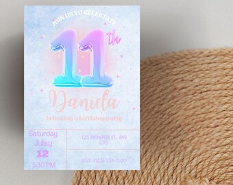 Eleven Birthday Invitation, Girl Party (Digital Invitation).