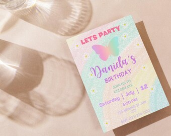 Rainbow Butterfly Girl Birthday Invitation, Pastel Colors (Digital Invitation).