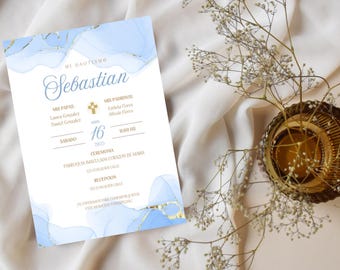 Boy Baptism Invitation, Blue Gold Marble (Digital Invitation).