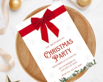 Christmas Party Invitation, Red Bow Design (Digital Invitation).