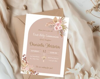 Floral First Communion Invitation, Girl Printable, Editable (Digital Invitation).