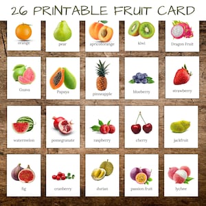 30 Printable Fruit Names , Educational Children Flash Cards , Free Coloring Pages , Young Kids Fruit Words