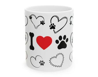 Paw Print Love Ceramic Mug, Dog Lover Gift, Pet Owner Present, I Love My Pets Coffee Cup, Heart Design Mug, Animal Lover Gift