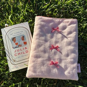 Embroidered Pink Book Sleeve: Padded Tablet Cover with Ribbons