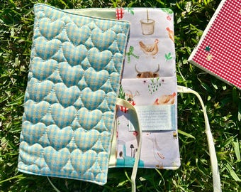 Quilted Book Pouch: Peaceful Farm Hearts Cotton Bag for Kindle, Journal, Small Books