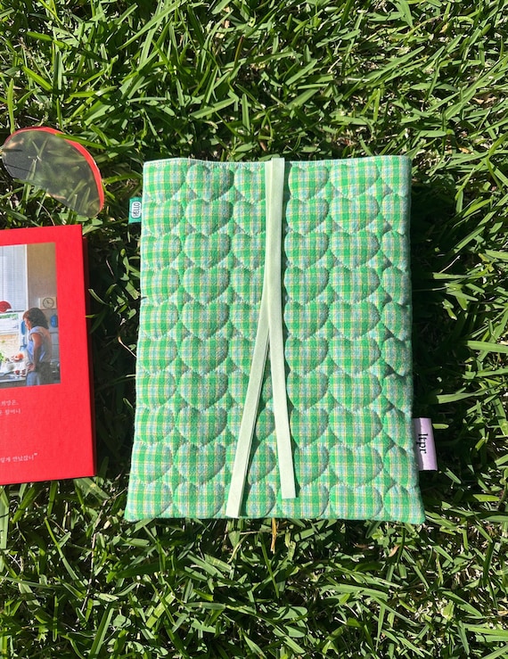 Quilted Book Pouch: Melon Green Hearts, Handmade Book Sleeve with Ribbon