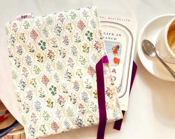 Floral Padded Book Pouch: Handmade Cotton Book Sleeve with Velvet Ribbon