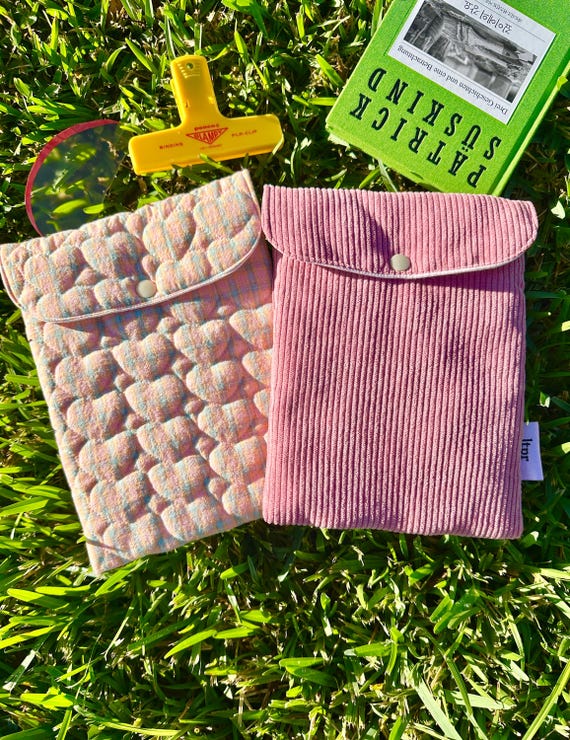 Handmade Quilted Kindle Pouch: Pink Corduroy or Plaid Hearts Sleeve for Kindle, Kobo, E-reader, ipad mini