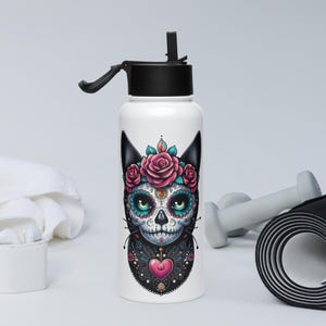 Calavera de azúcar con forma de gato - Día de los Muertos - Botella de agua de acero inoxidable con tapa de paja