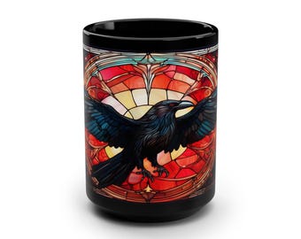 Stained Glass Raven Mug, 15oz Black Coffee Cup, Gothic Home Decor, Artistic Kitchenware, Unique Office Mug