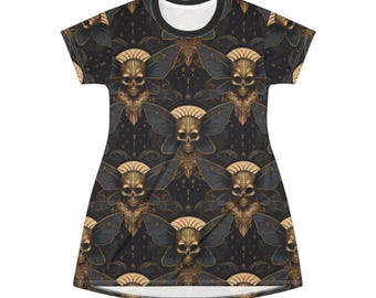 May include: A black dress with a repeating pattern of gold skulls with moth wings. The dress has short sleeves and a scoop neckline. The design features intricate details and a gothic aesthetic.