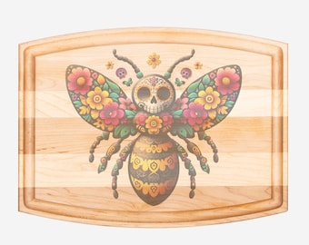 Skull Calavera Bee - Arched Wood Cutting Board with Groove - 12&quot; x 9&quot;