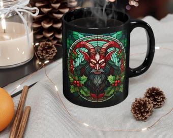 Krampus Wreath Stained Glass Style Holiday Black Mug (11oz, 15oz)