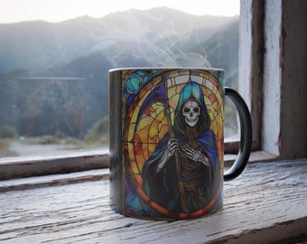 Lady Death Tarot Card Stained Glass Style Color Morphing Mug, 11oz