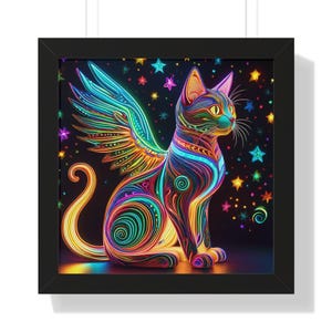 Alebrije Neon Cat Wall Art, Magical Cat Framed Poster, Neon Cat Decor, Whimsical Home Gallery, Gift for Cat Lovers, Vibrant Art Piece