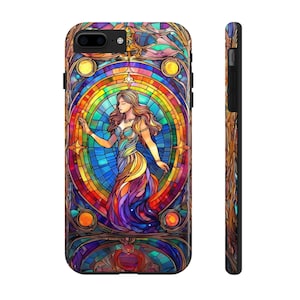 May include: A colorful stained glass phone case featuring a woman standing in a rainbow circle. The case has a black border and a cutout for the camera lens.