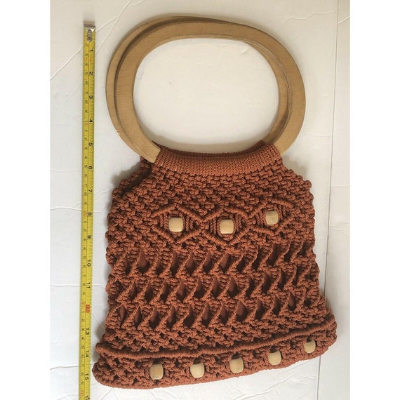 Vintage Woven Macrame Crochet Purse Wood Handle B… - image 7