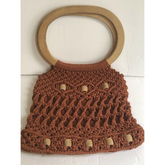 Vintage Woven Macrame Crochet Purse Wood Handle B… - image 3