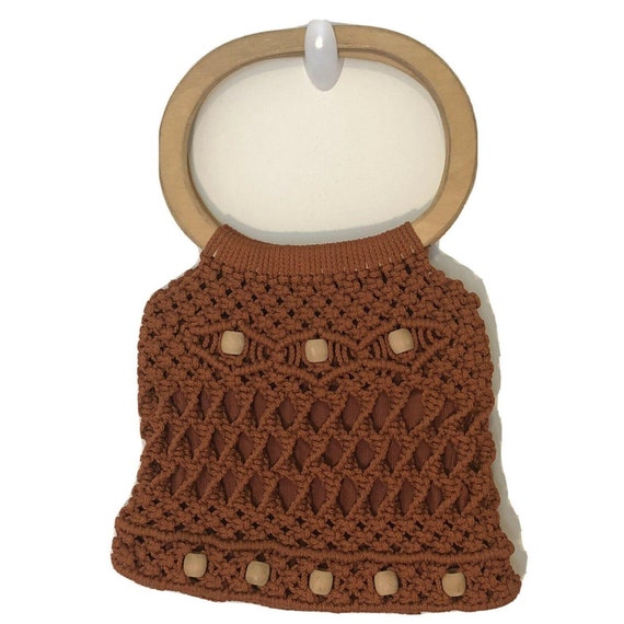 Vintage Woven Macrame Crochet Purse Wood Handle B… - image 2