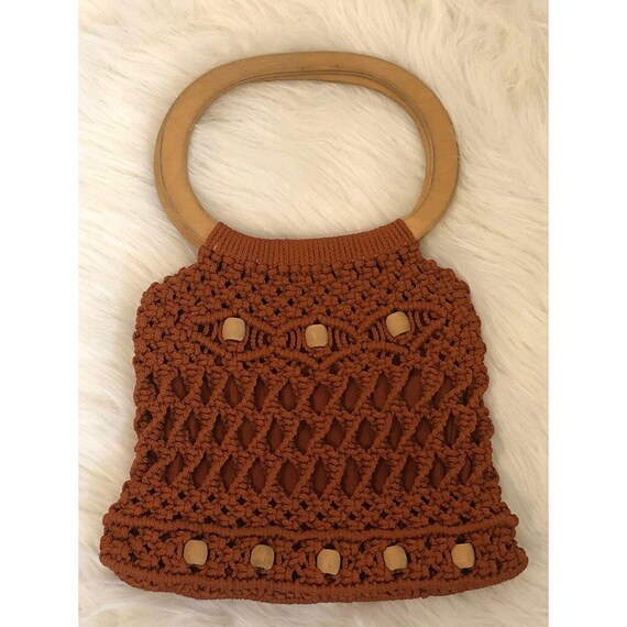 Vintage Woven Macrame Crochet Purse Wood Handle B… - image 1