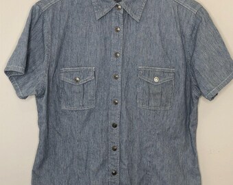 Vintage Womens Y2K Denim Shirt Snap Front Top Blouse Pockets Blue Short Sleeve