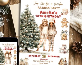 Winter Pajama Party Invitation: Christmas Sleepover, Editable Canva Template (Digital Download)