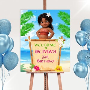 Letrero de bienvenida de cumpleaños de Moana Simea editable, decoraciones para fiestas de Moana, letrero de fiesta con temática de playa tropical, plantilla Canva de descarga instantánea