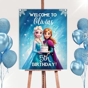 Cartel de bienvenida de cumpleaños de Frozen editable, póster de fiesta de Elsa y Anna, plantilla de Canva de descarga instantánea