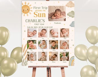 First Trip Around the Sun Neutral Milestone Sign, Baby's 1st Year Photo Poster, Printable Photo Collage, Editable Canva