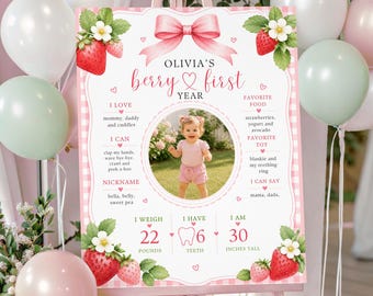 Editable Berry First Milestone Board | Strawberry 1st Birthday Sign | Photo Board Template