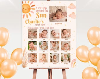 First Trip Around the Sun Milestone Sign, Baby's First Year Poster, 1st Birthday Photo Collage