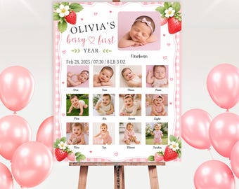 Berry First Watch Me Grow Board | Baby's 1st Year Photo Board | Editable Strawberry Sign Canva Template