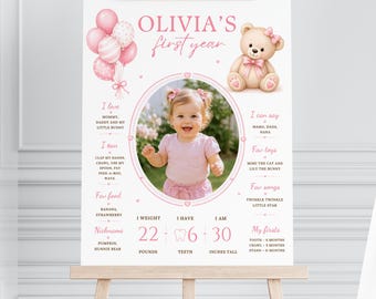 Girl First Birthday Milestone Board with Photo, Pink Teddy Bear Birthday Poster, Editable Canva